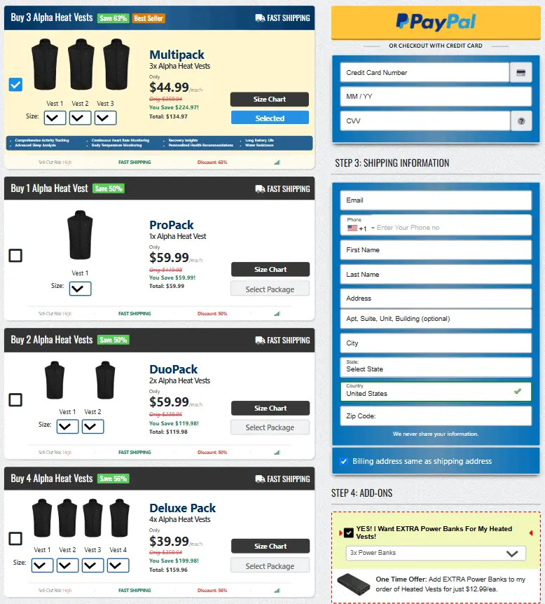 Alpha Heat Vest checkout page